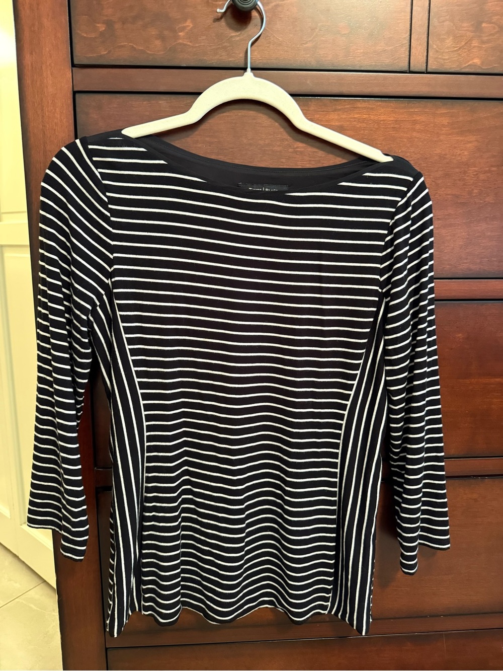 White House Black Market Black and White Striped Boatneck Long Sleeve Top